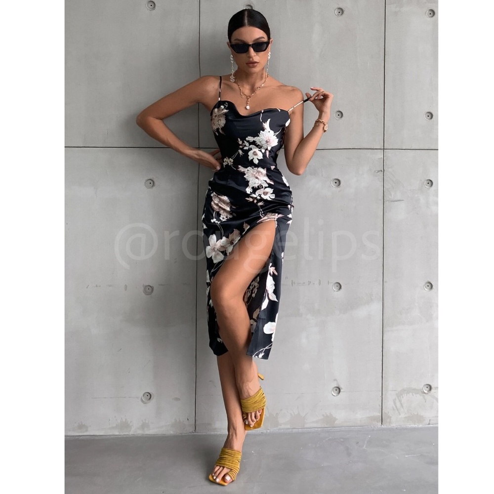 Floral Print Cowl Neckline Cami Satin Midi Dress Black  Leg Slit - Picture 4 of 8